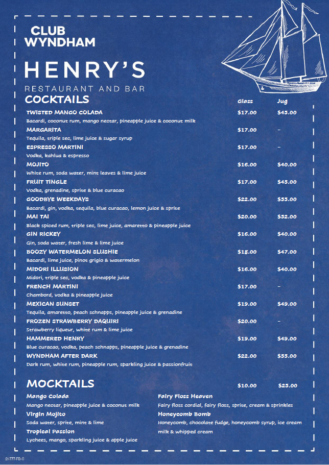 Menu, Henry's Restaurant and Bar