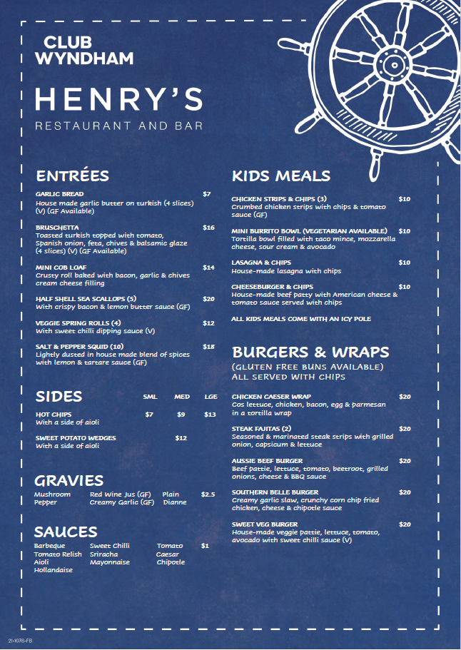 Menu, Henry's Restaurant and Bar