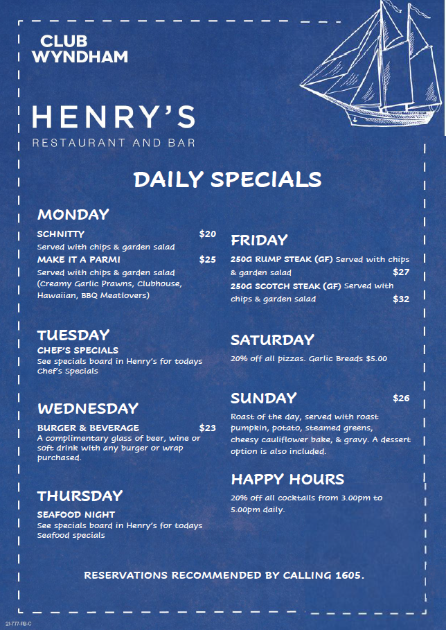 Menu, Henry's Restaurant and Bar