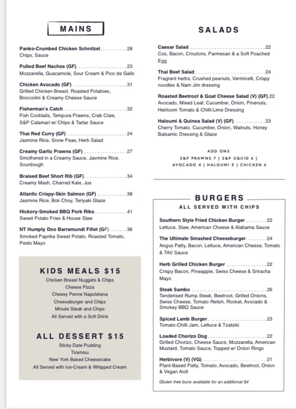 Menu, Bangor Tavern