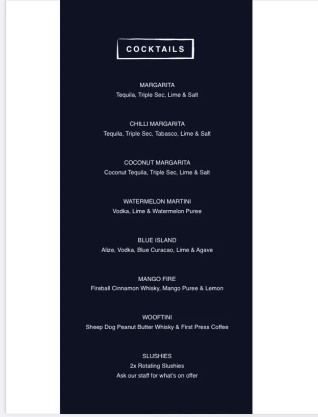 Menu, Bangor Tavern