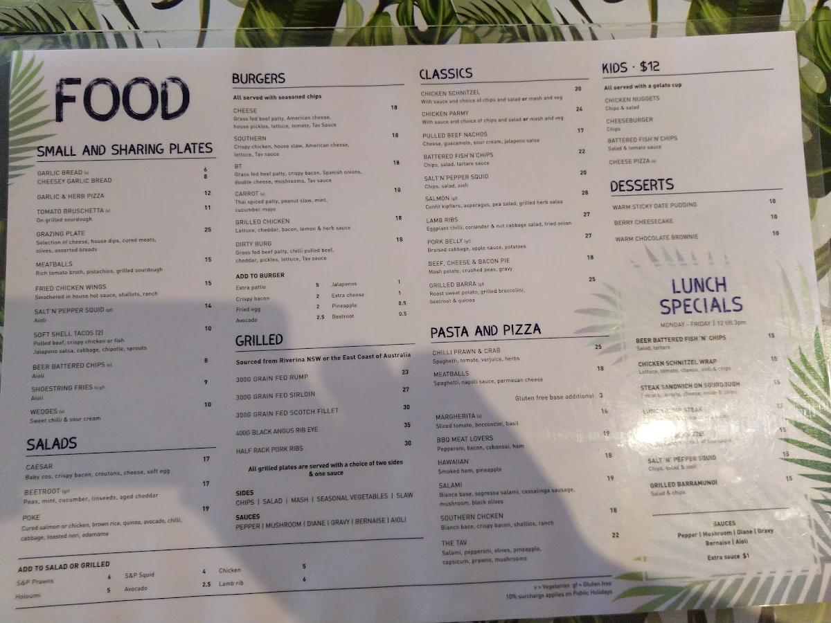 Menu, Bangor Tavern
