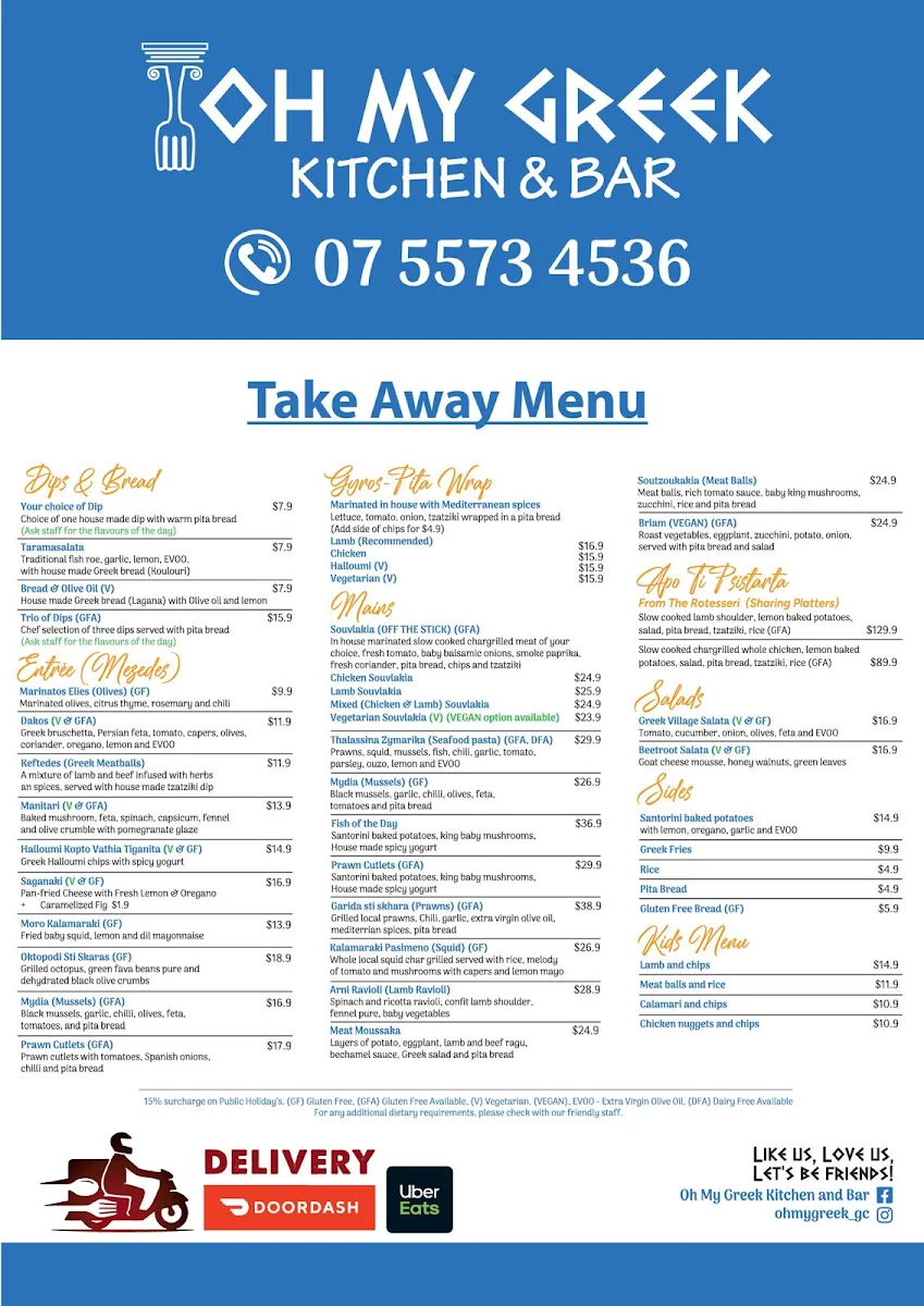 Menu, Oh My Greek Kitchen & Bar