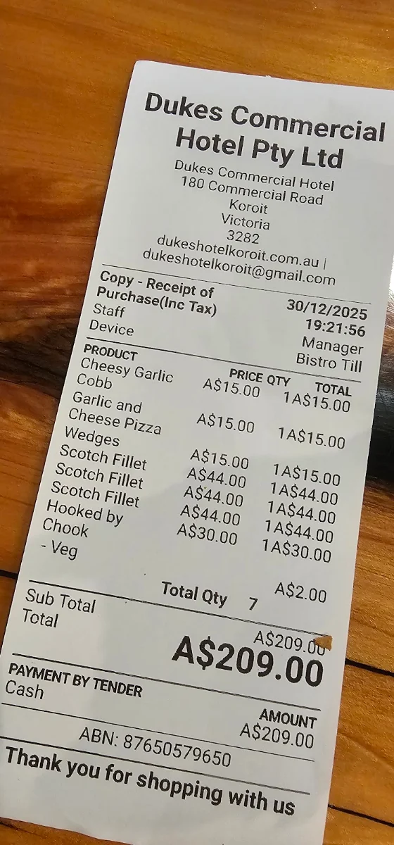 Menu, Duke's Commercial Hotel Koroit