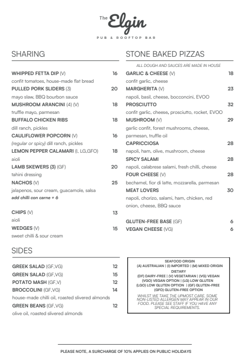 Menu, Elgin Inn Hotel