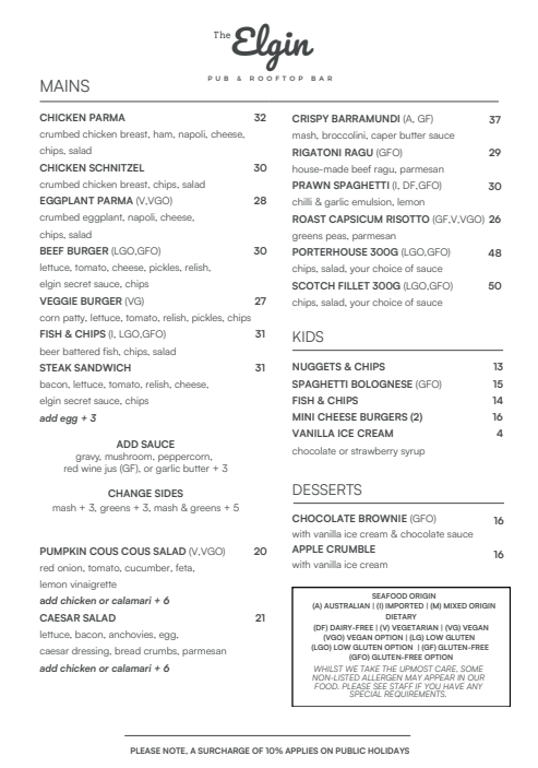 Menu, Elgin Inn Hotel