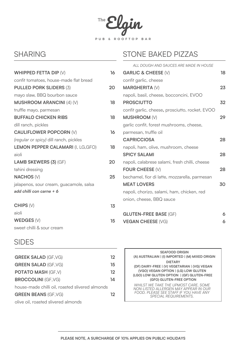 Menu, Elgin Inn Hotel