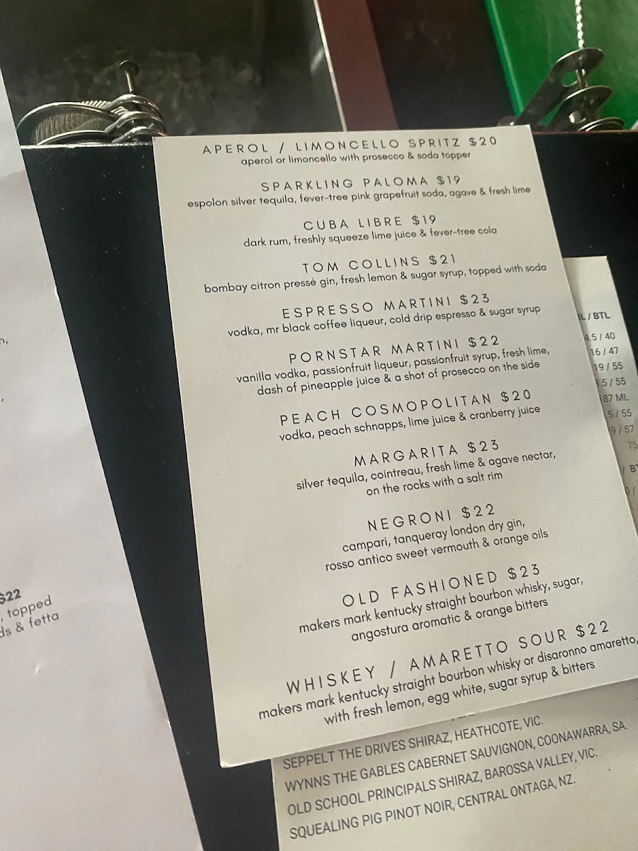 Menu, Elgin Inn Hotel