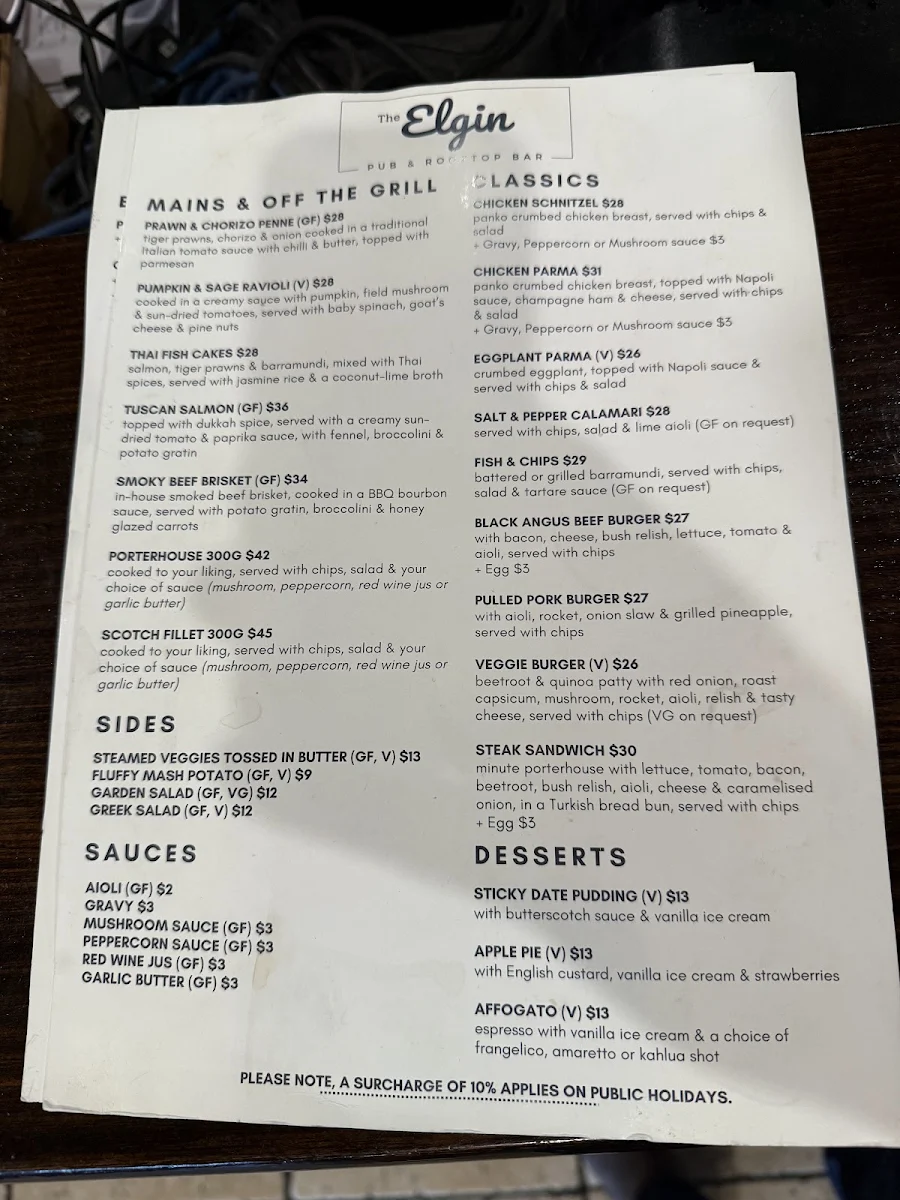 Menu, Elgin Inn Hotel