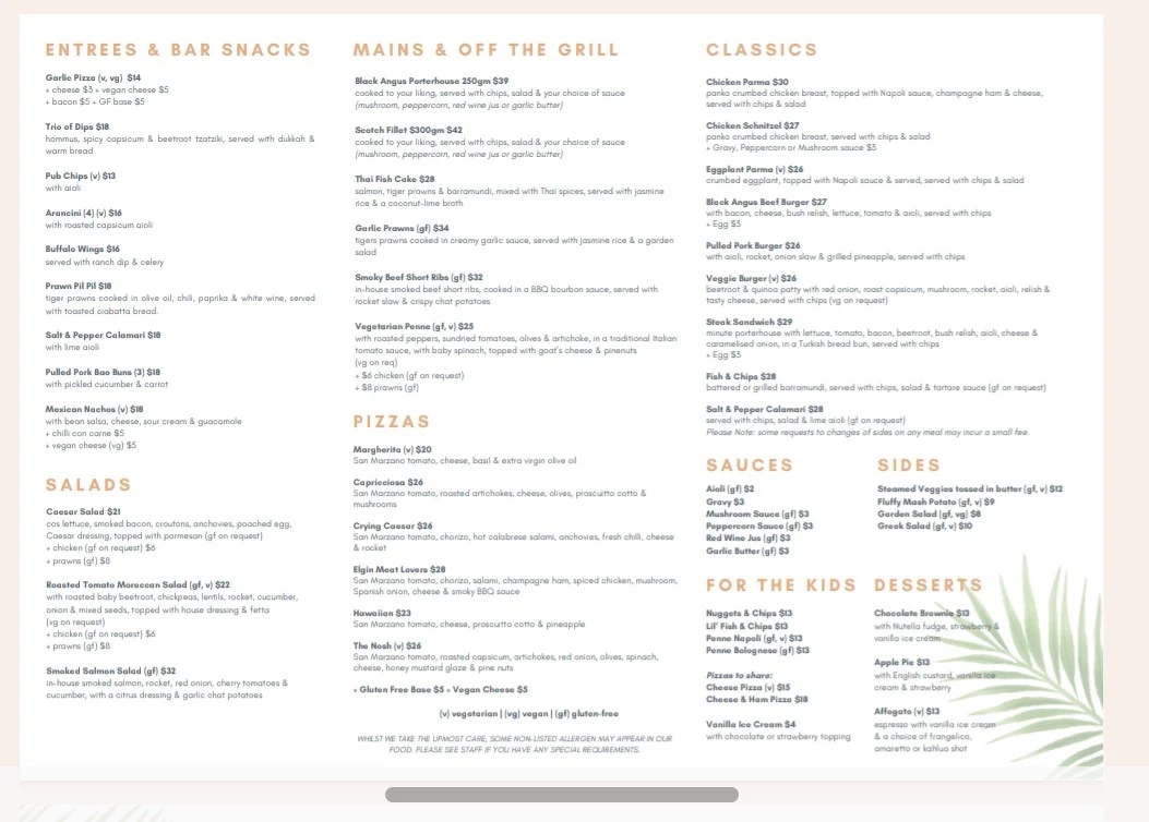 Menu, Elgin Inn Hotel