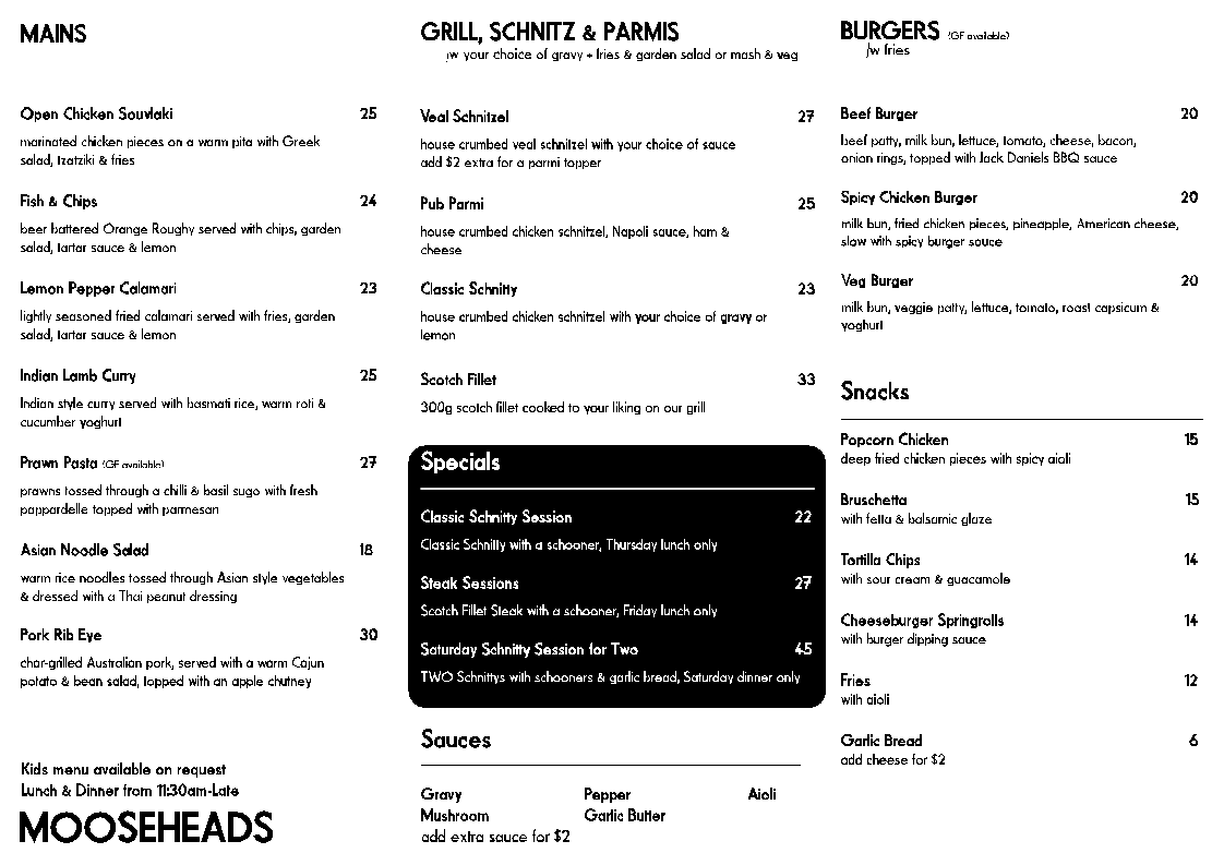 Menu, Mooseheads Canberra
