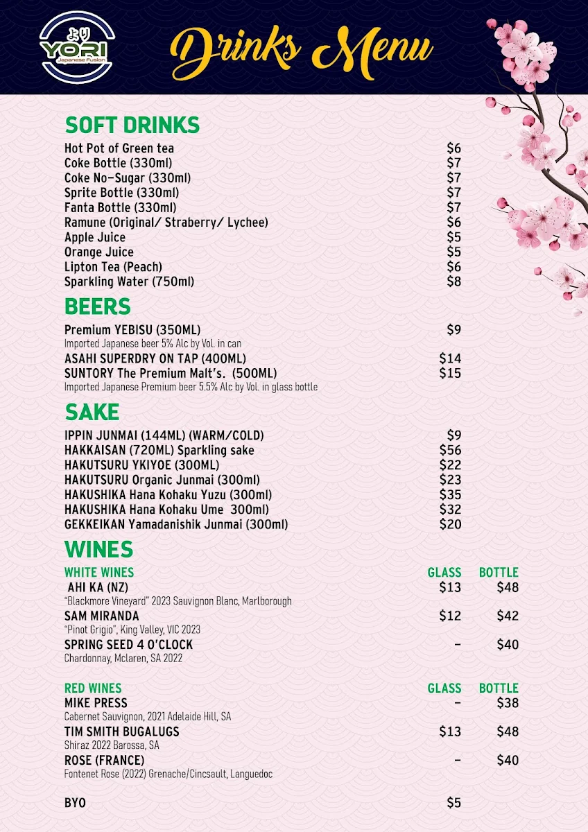 Menu, Yori Japanese Fusion