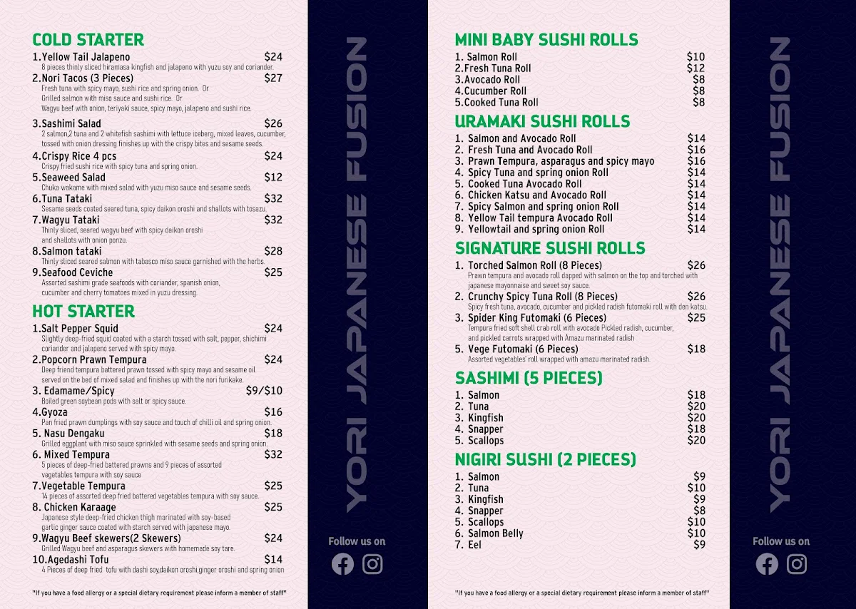 Menu, Yori Japanese Fusion