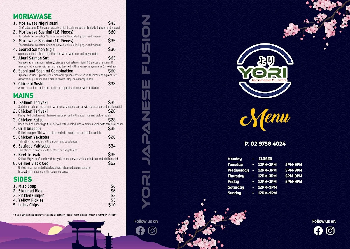 Menu, Yori Japanese Fusion