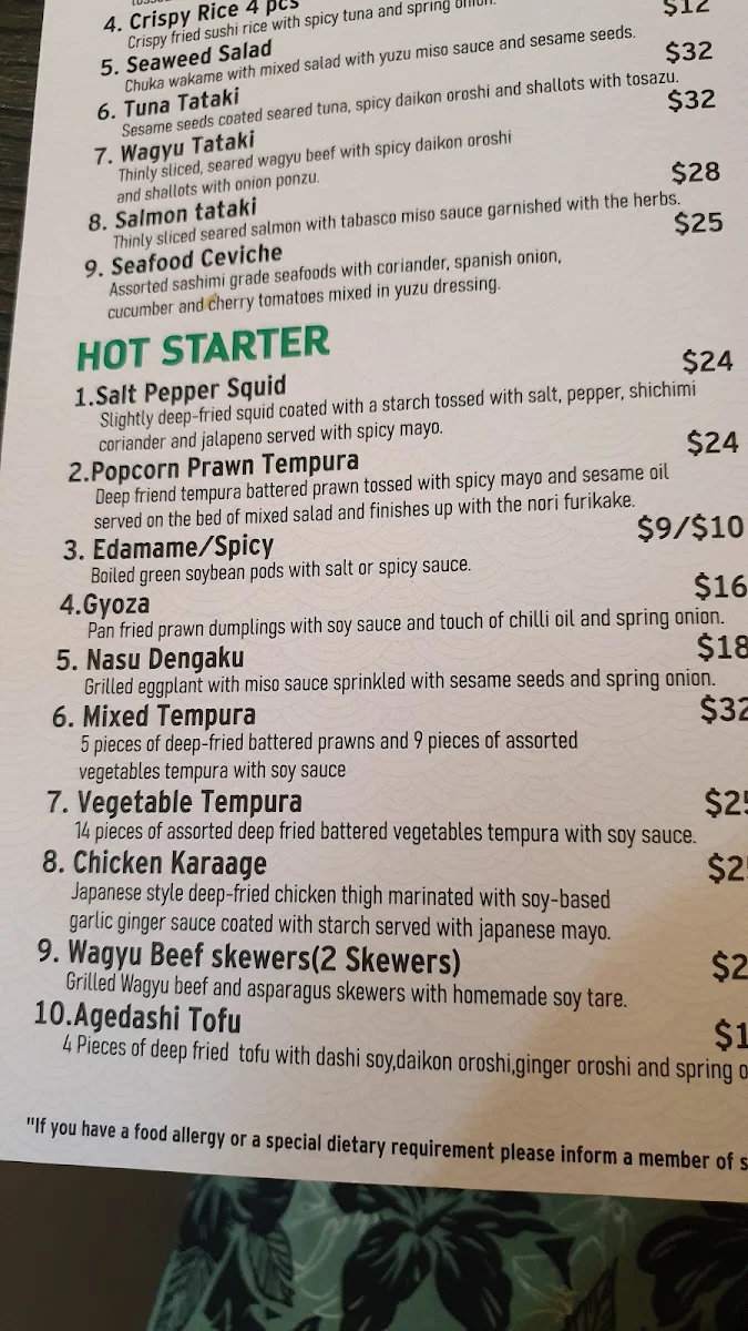 Menu, Yori Japanese Fusion