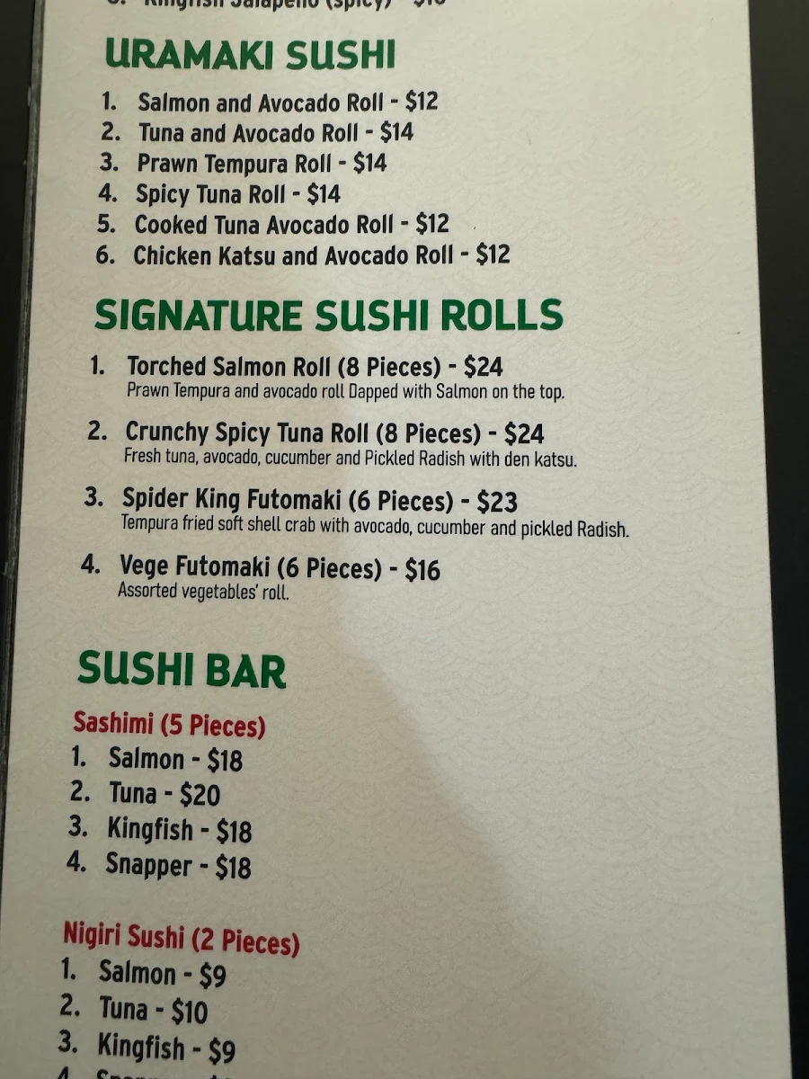 Menu, Yori Japanese Fusion