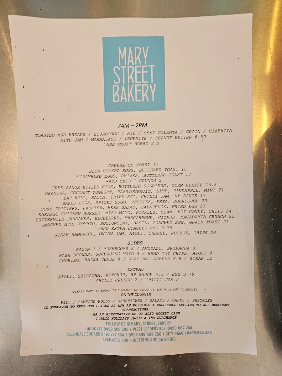 Menu, Mary Street Bakery