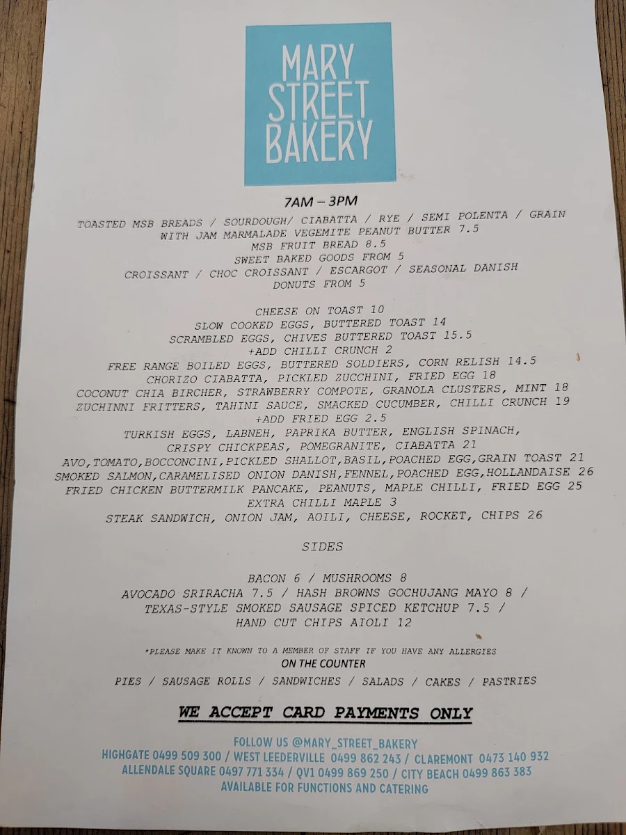 Menu, Mary Street Bakery