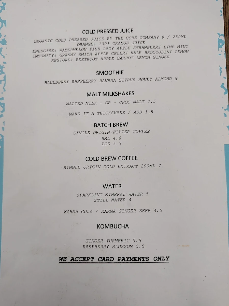 Menu, Mary Street Bakery