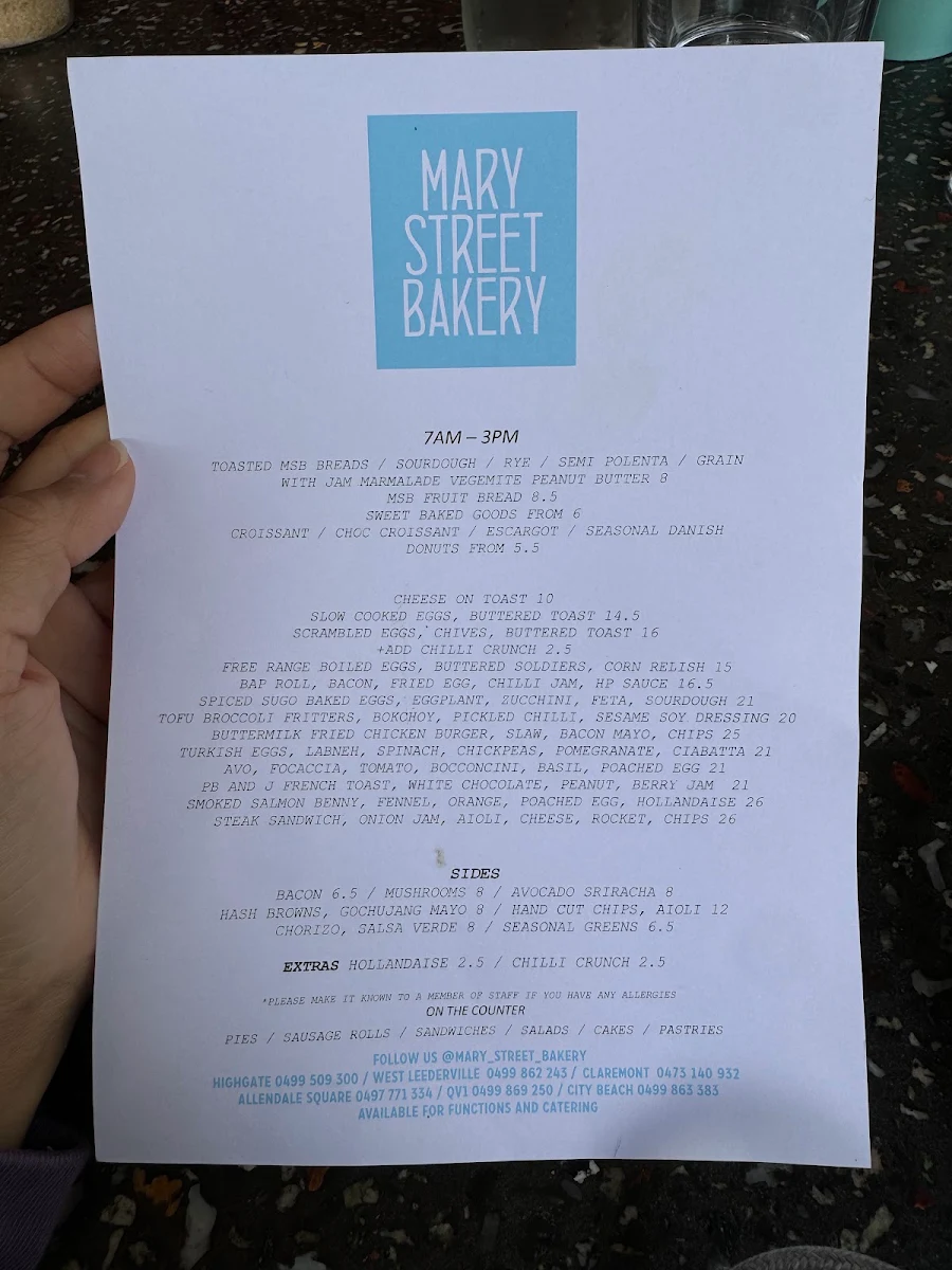 Menu, Mary Street Bakery