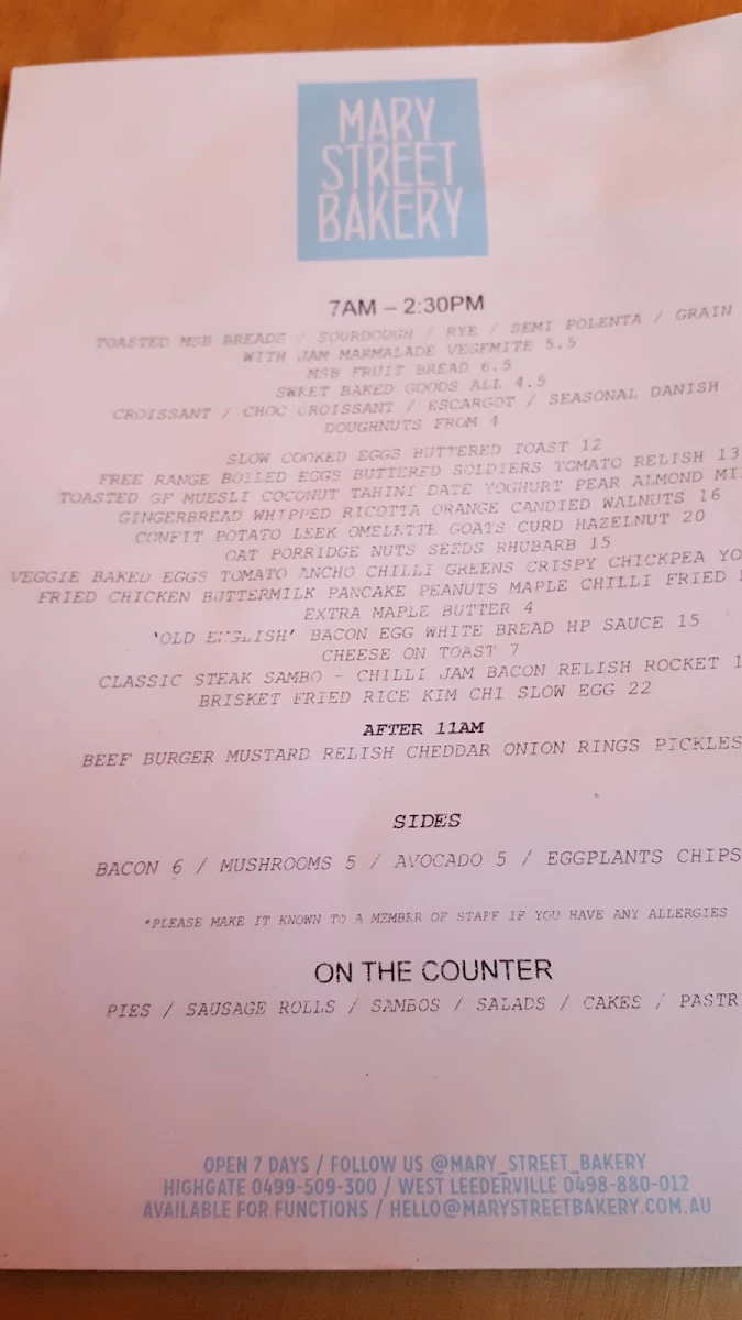 Menu, Mary Street Bakery