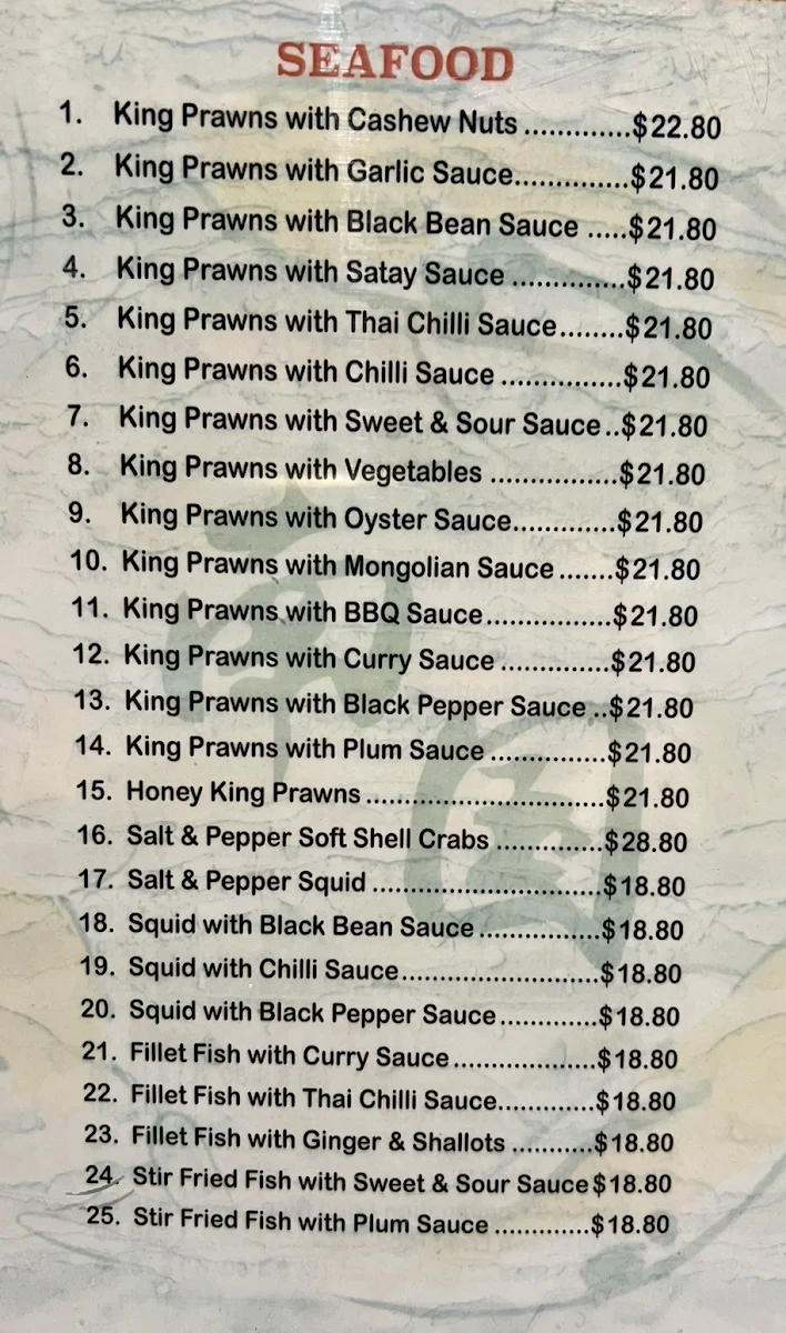 Menu, Blue Ocean Restaurant Revesby