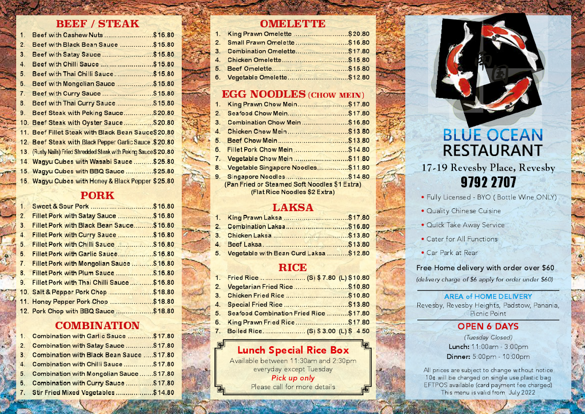 Menu, Blue Ocean Restaurant Revesby