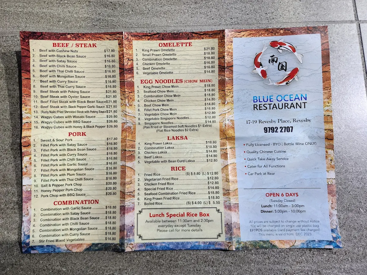 Menu, Blue Ocean Restaurant Revesby