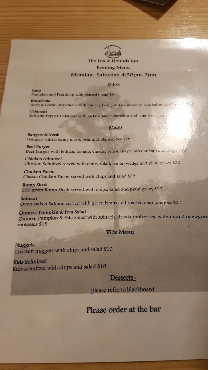 Menu, The Fox and Hounds Restaurant