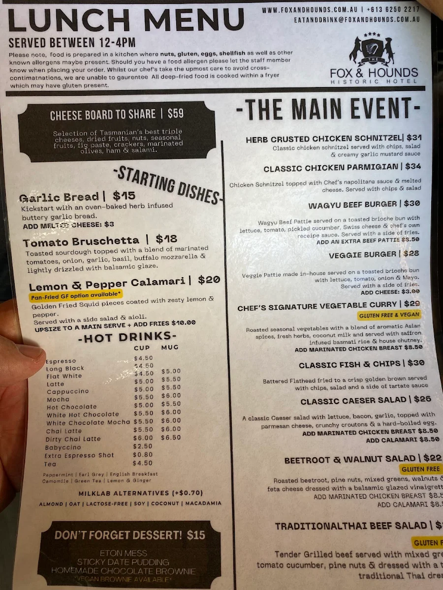 Menu, The Fox and Hounds Restaurant