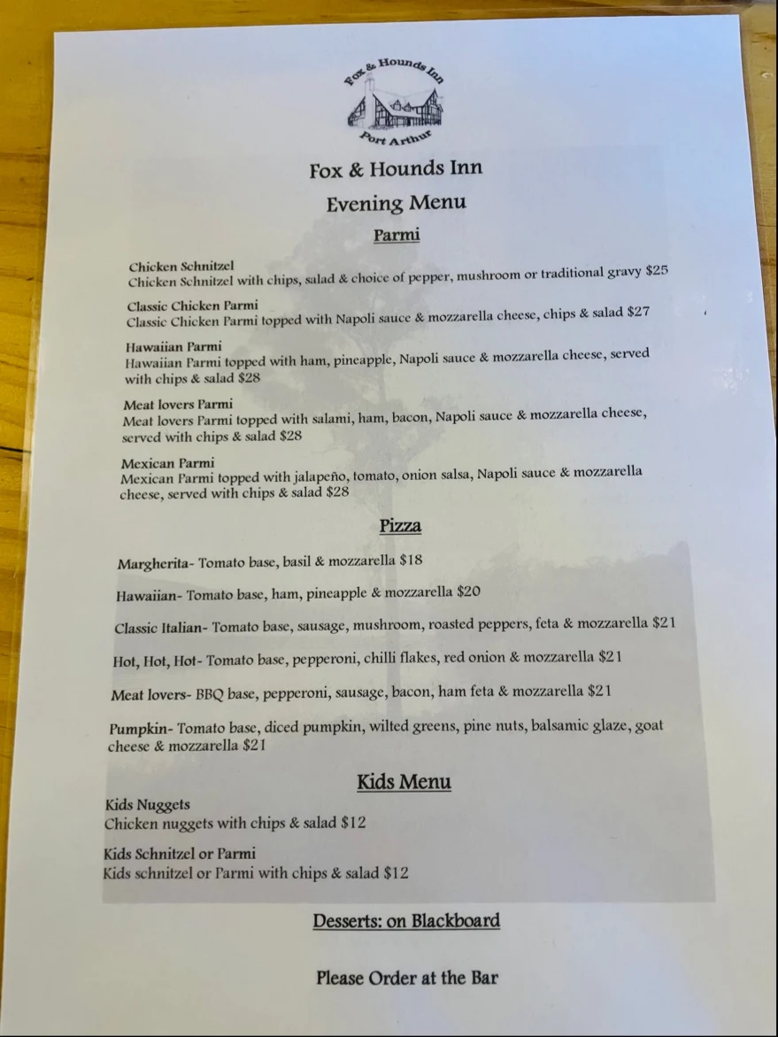 Menu, The Fox and Hounds Restaurant