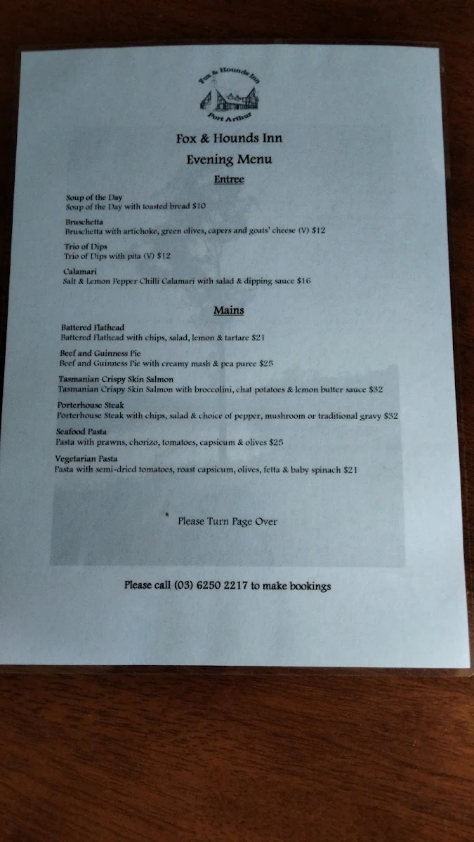 Menu, The Fox and Hounds Restaurant