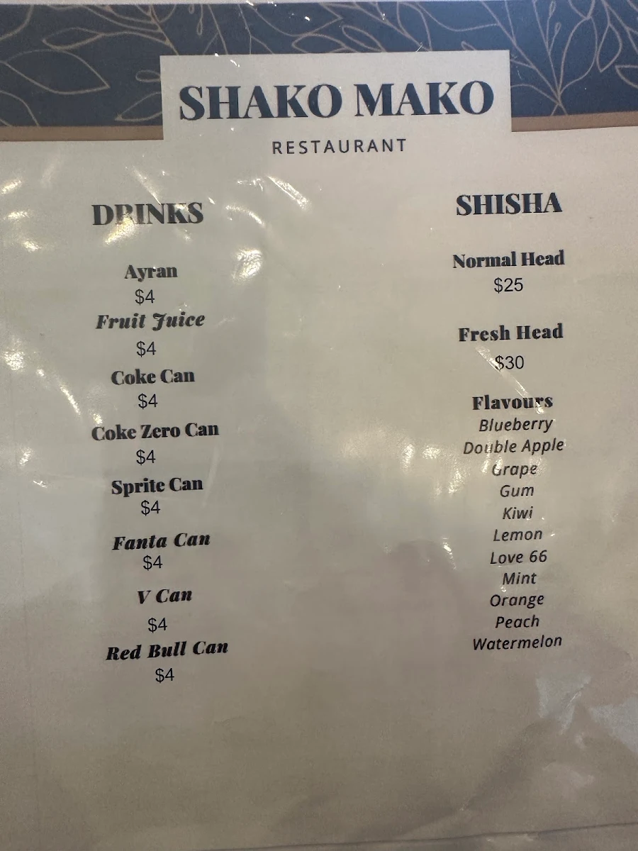 Menu, Shako Mako Restaurant