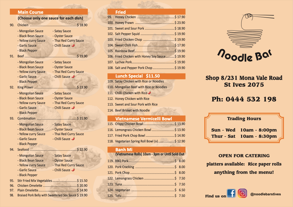 Menu, Noodle Bar St Ives