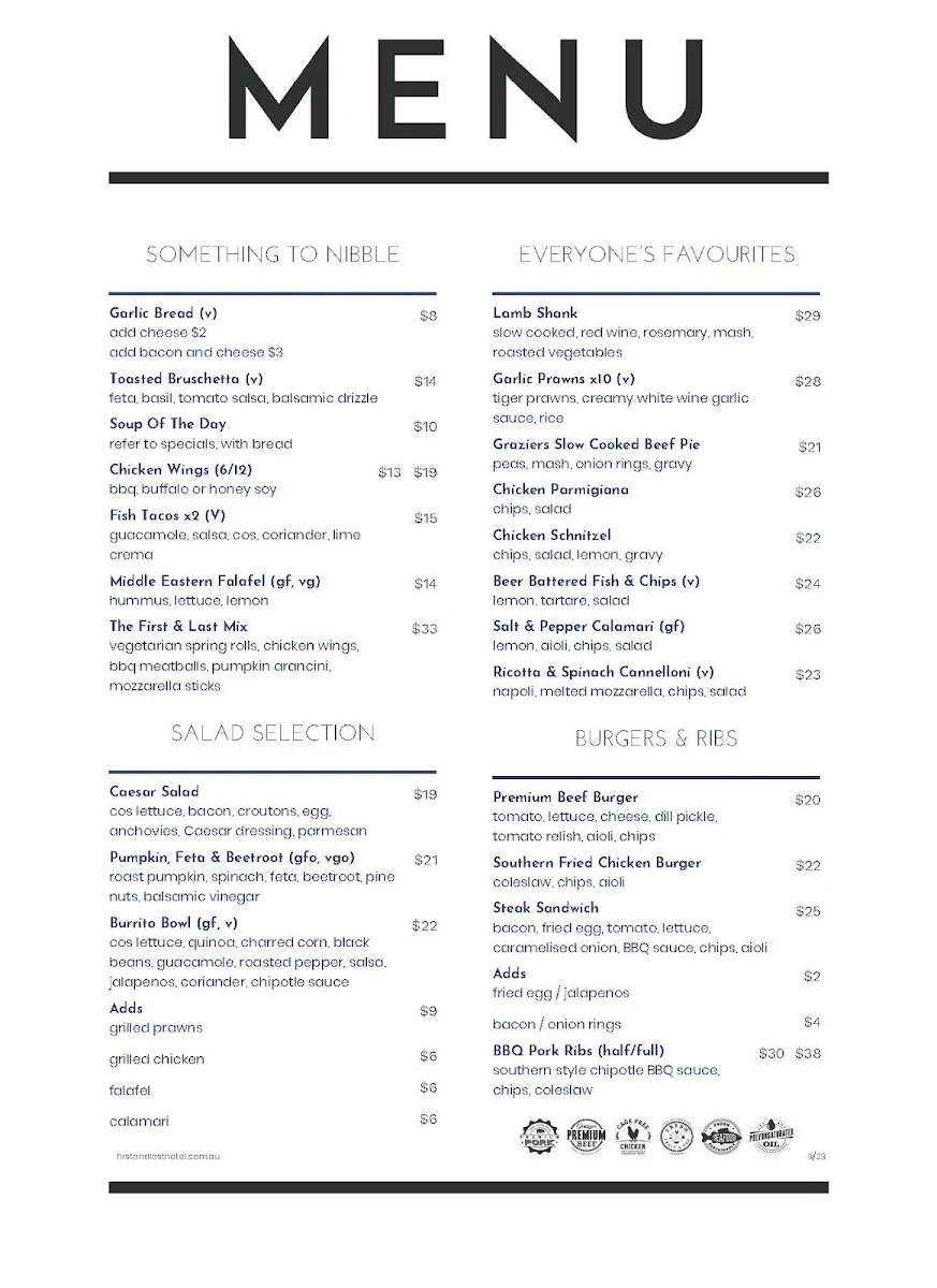 Menu, First & Last Hotel