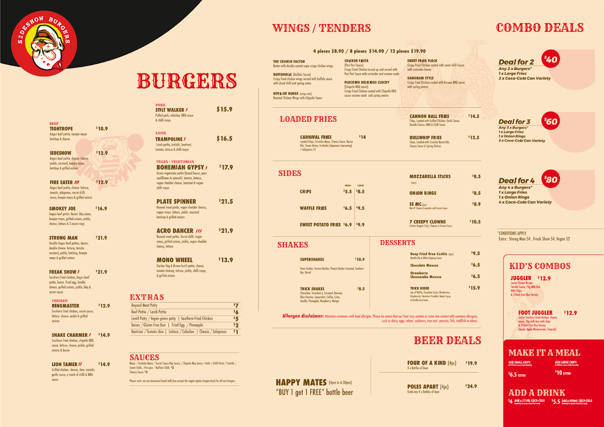 Menu, Sideshow Burgers Ferntree Gully