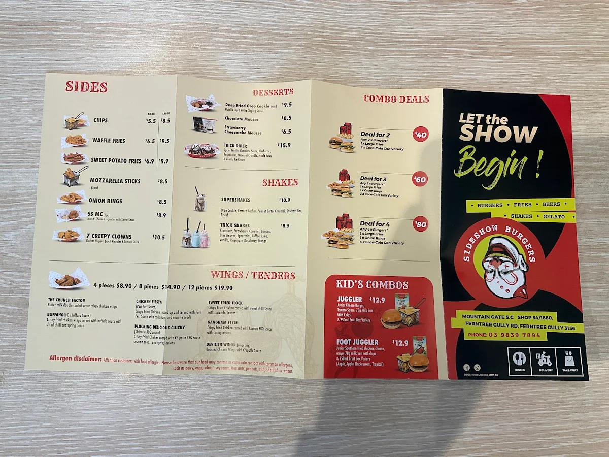 Menu, Sideshow Burgers Ferntree Gully