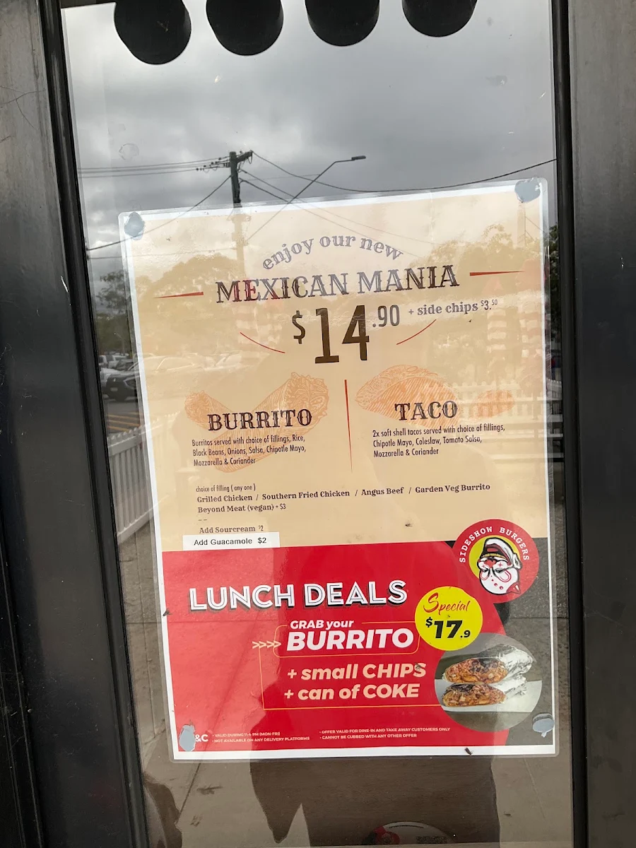 Menu, Sideshow Burgers Ferntree Gully