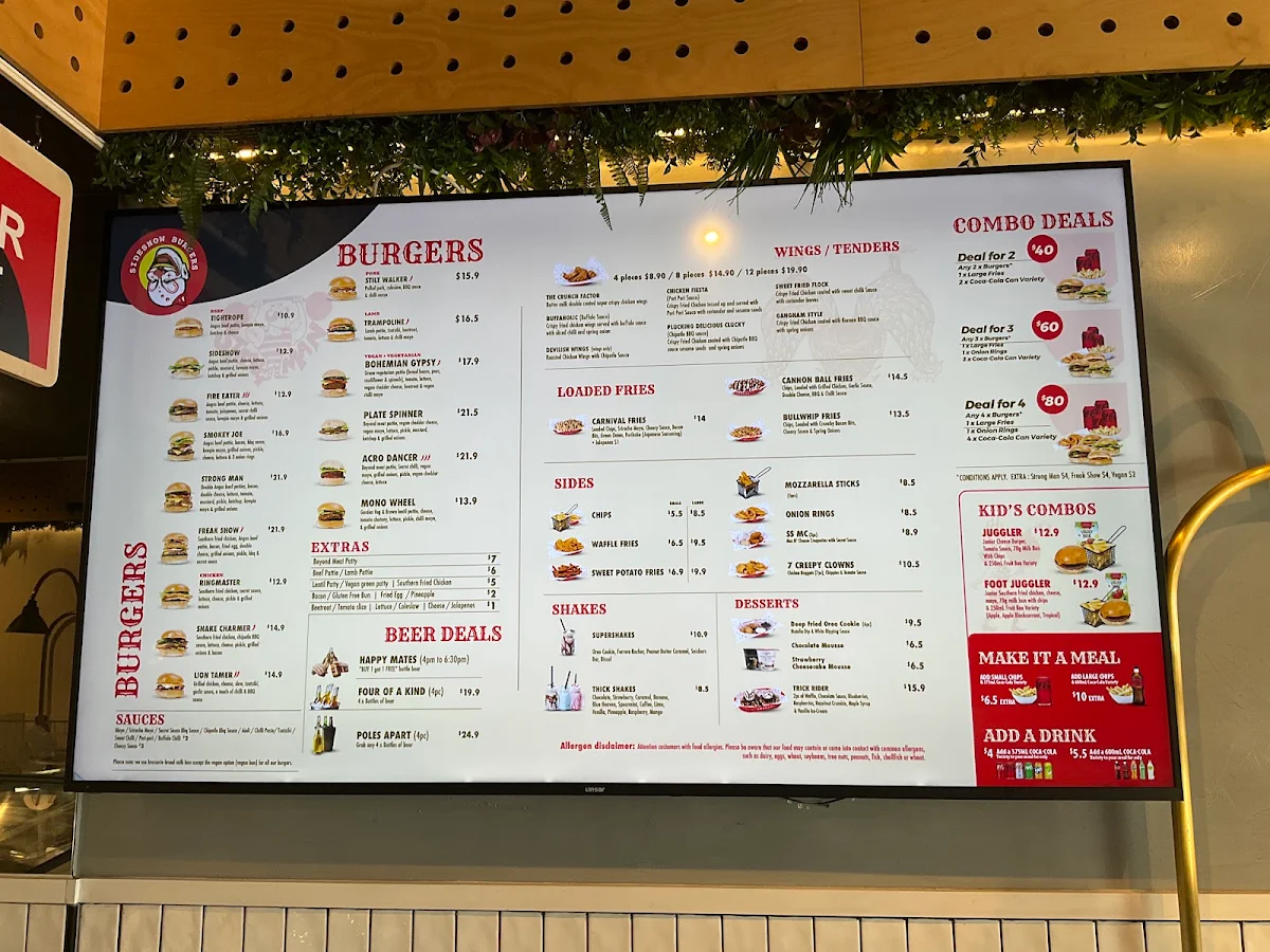 Menu, Sideshow Burgers Ferntree Gully
