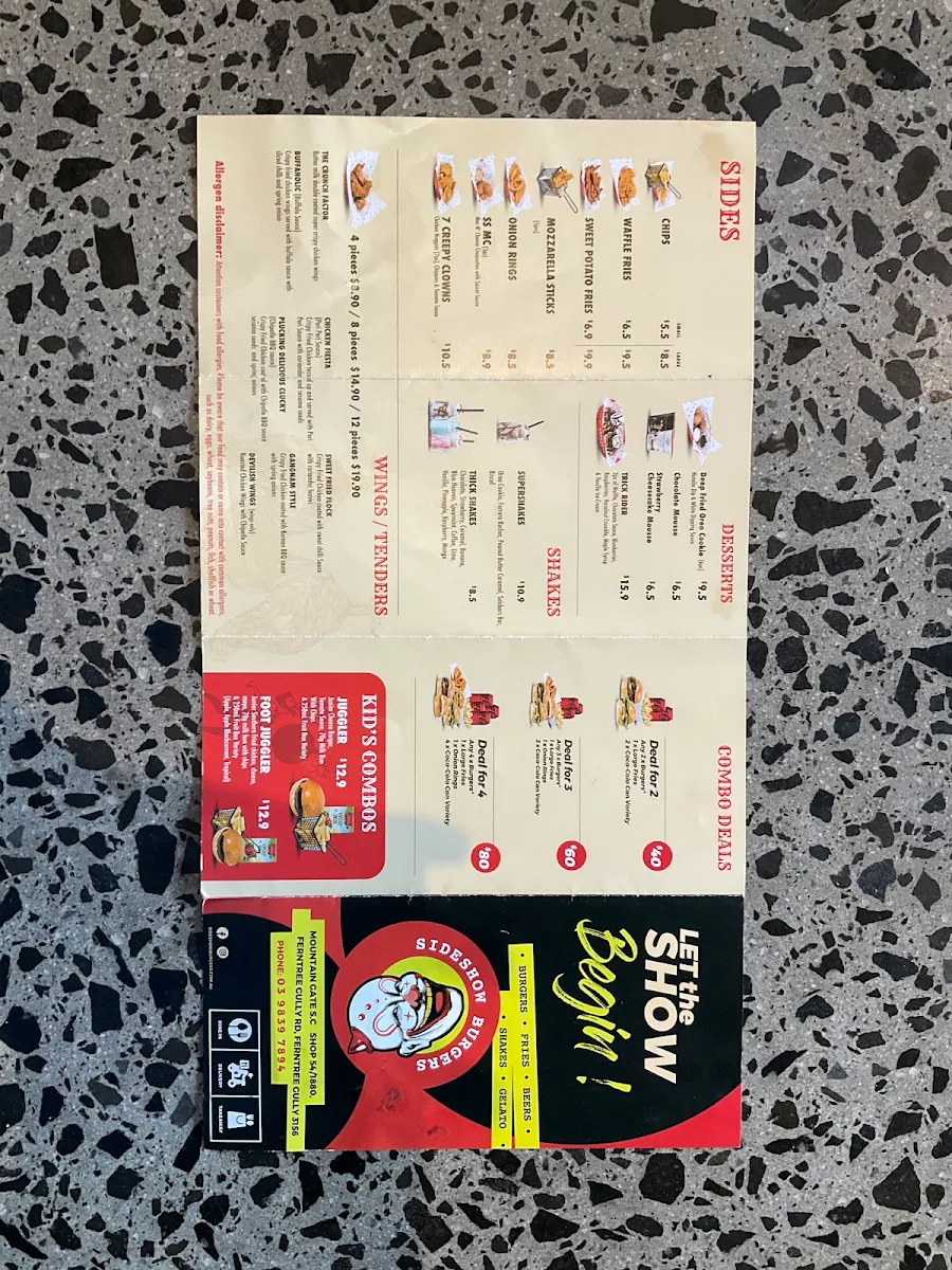 Menu, Sideshow Burgers Ferntree Gully