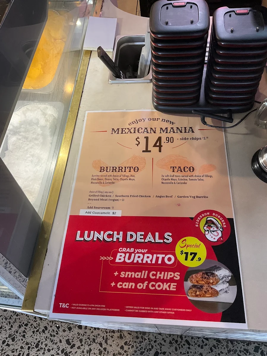 Menu, Sideshow Burgers Ferntree Gully