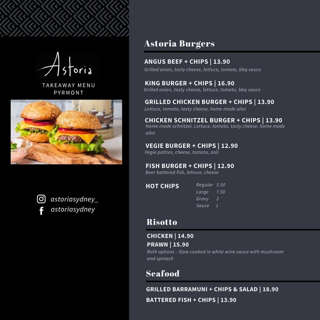 Menu, Astoria Sydney