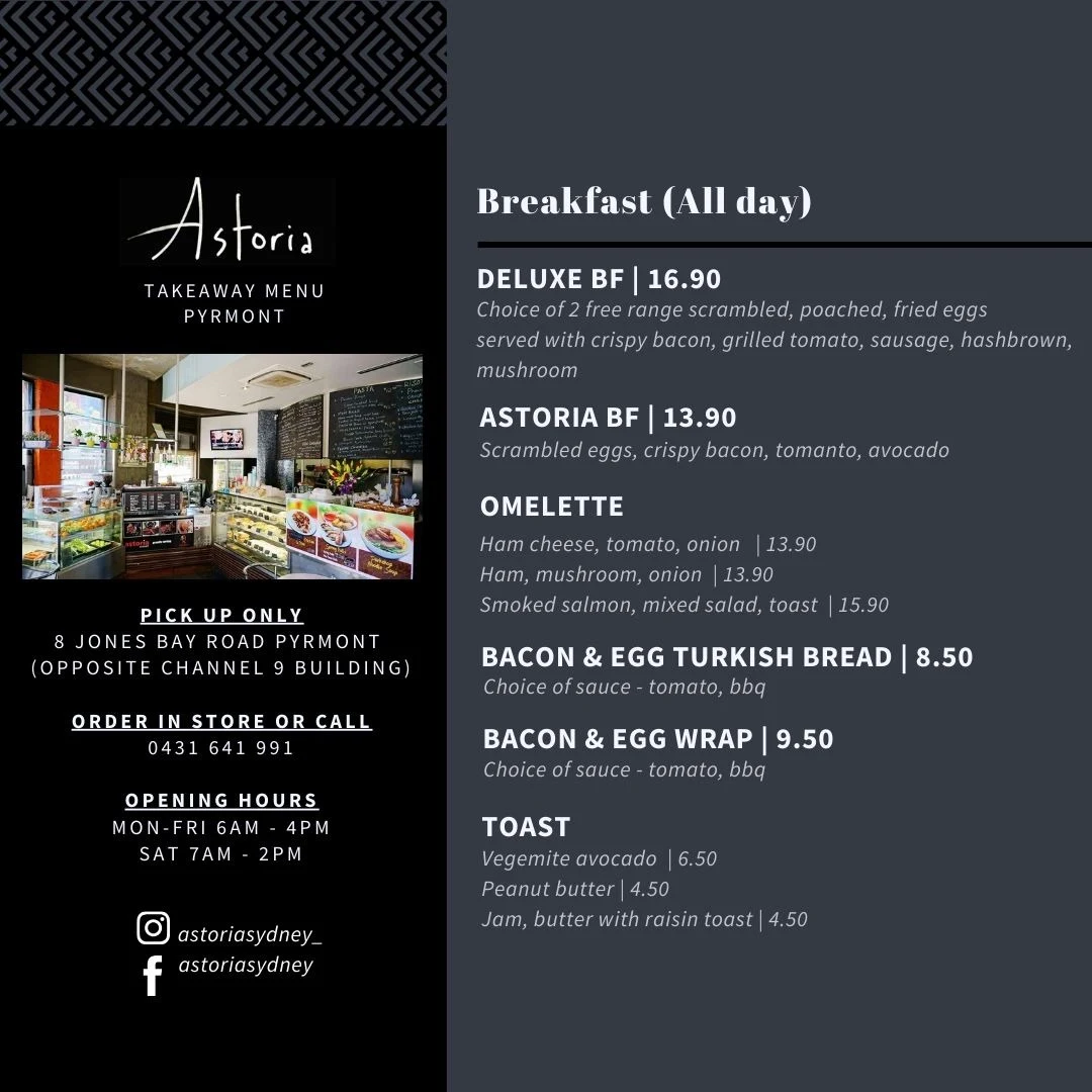 Menu, Astoria Sydney