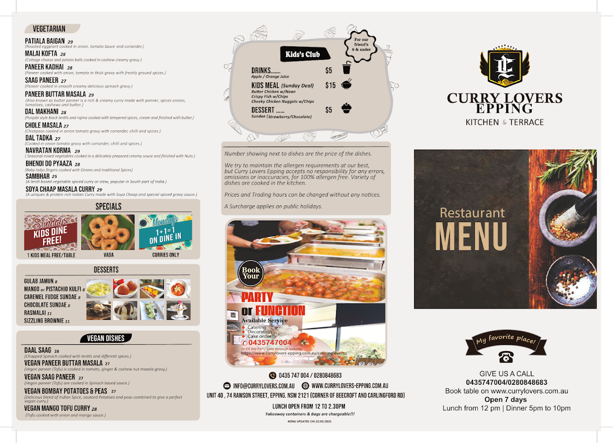 Menu, Curry Lovers Epping