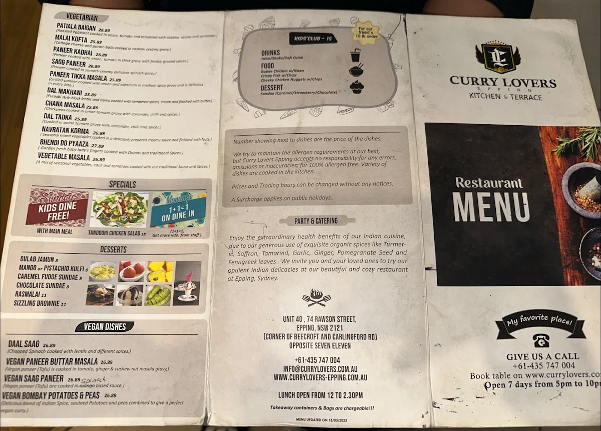 Menu, Curry Lovers Epping