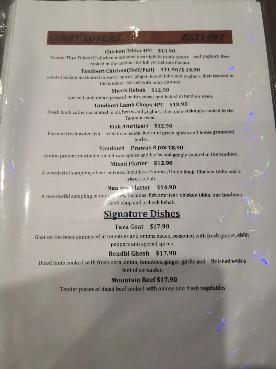 Menu, Curry Lovers Epping