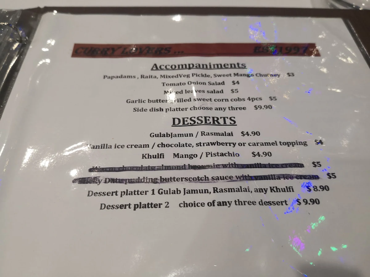 Menu, Curry Lovers Epping