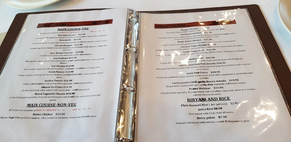 Menu, Curry Lovers Epping