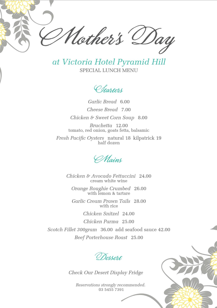 Menu, Victoria Hotel