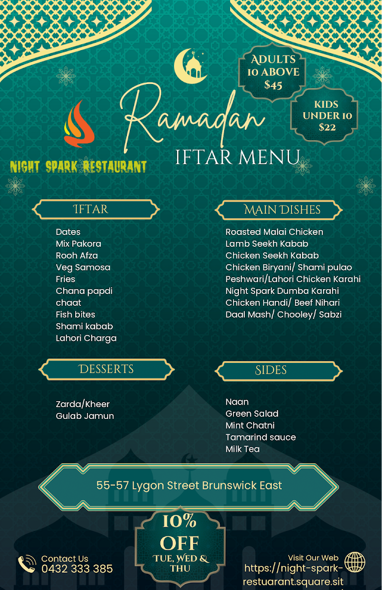 Menu, Night Spark Restaurant